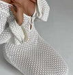 Sexy Women White Long Knit Sleeve Bikin Fashion Cover up Female See-Through Deep V-Neck Hollow-Out Beach Knitwear Backless Dress