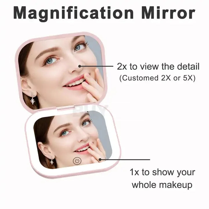 2X magnifying Compact Small Mini Gift Vanity Table Folding Led Lights Portable Hand Held Pocket Makeup Mirror