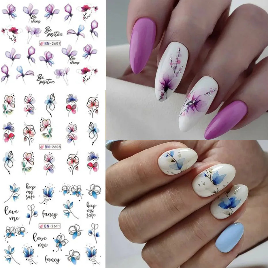 12 PCs Nail Sticker Set Spring Summer Water Decal Nail Art Ink Flowers Leaves Graffiti Slider for Nail Decoration Foils Tattoo