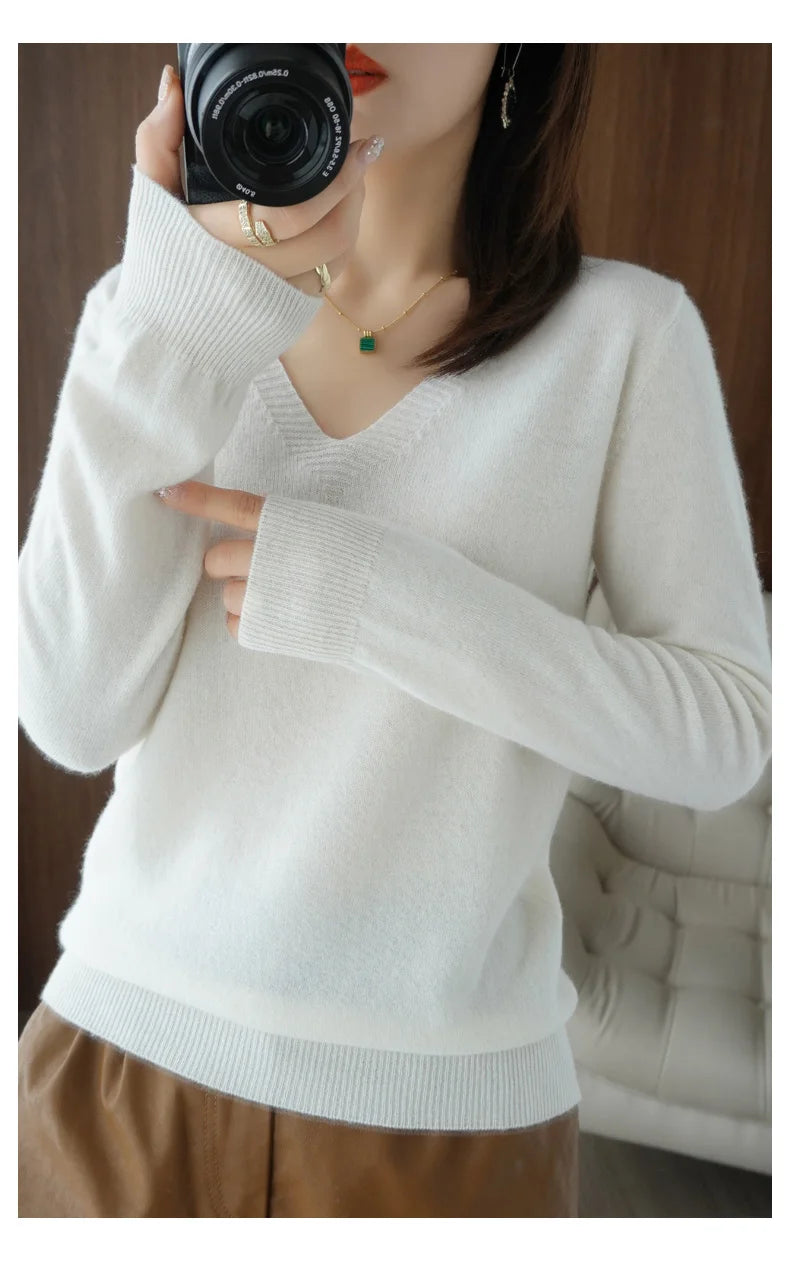 New Cashmere Women's V-neck Pullover Lace Neck Hollow Out Design Casual Knitted Long Sleeve Women's Sweater Autumn And Winter