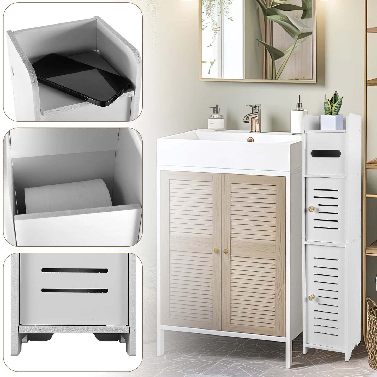 Bathroom Storage Cabinet 3 Tier Floor Cabinet Organizer with Door Free-Standing Toilet Roll Holder Narrow Toilet Storage Cabinet