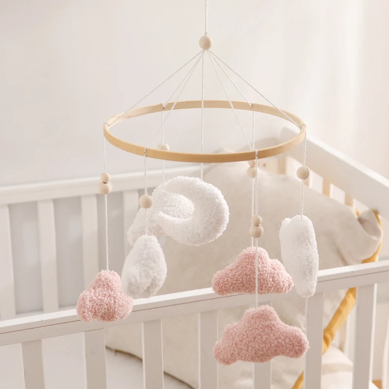 Wooden Crib Mobile Baby Bed Bell Rattle Toy Soft Felt Cartoon Bear Mobile Hanging Newborn Music Box Bed Bell Hanging Bracket Toy