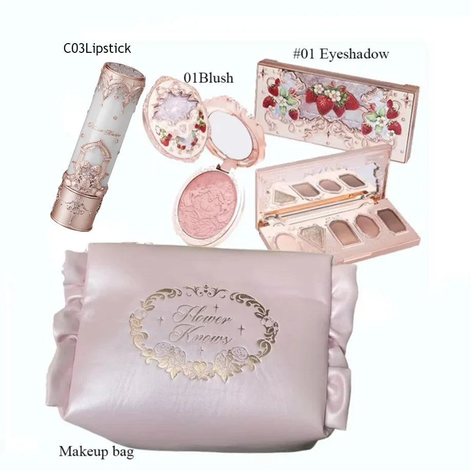 Flower Knows All In One Makeup Set Gift Box Glitter Eye Shadow Palette Matte Blush Long Lasting Velvet Lip Cream With Bag