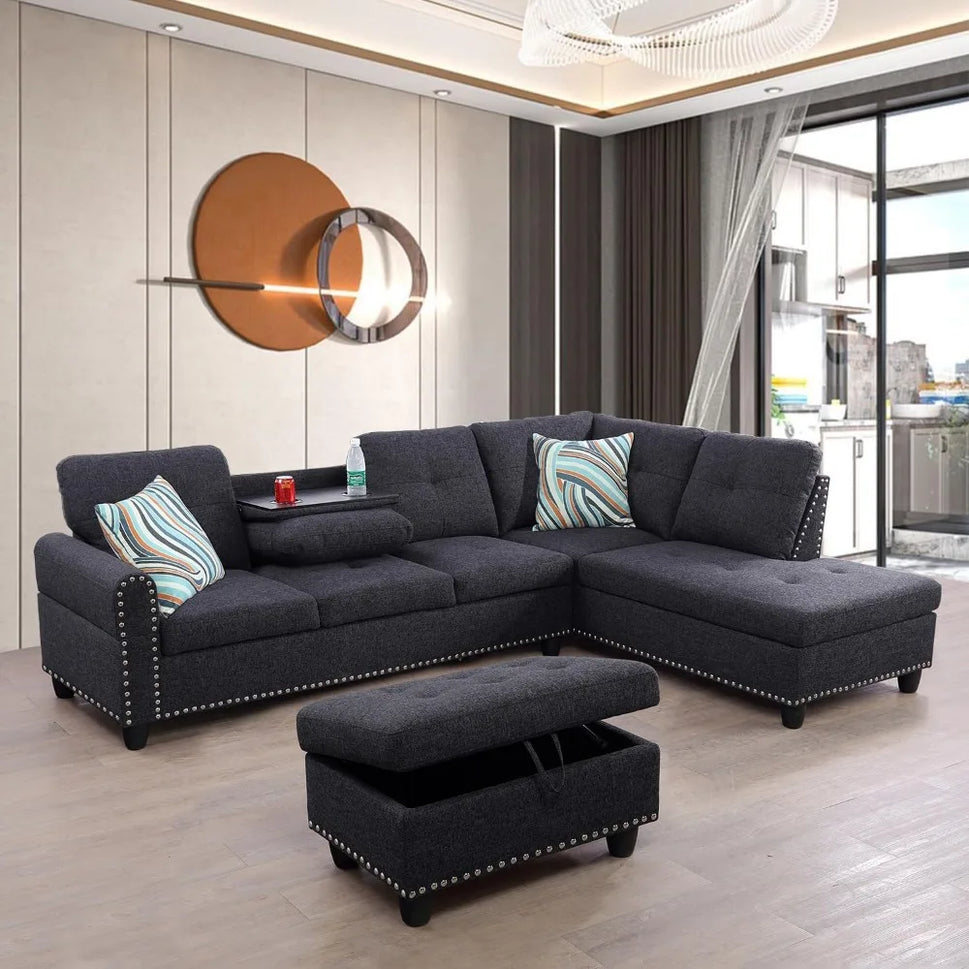 Sectional Sofa with Ottoman Nail-Head Design Linen Right Facing Modern Couches with Cup Holder L Shaped Sectional Sofa