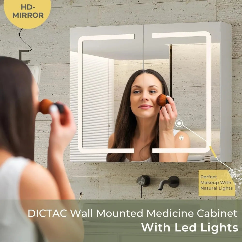 Bathroom Medicine Cabinet with Mirrors and Led Lights 27.6x23.62 inch Double Doors Wall Mounted Mirror Cabinet