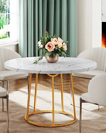 Round Dining Table 47.24 Inch Kitchen Table for 4 People Wooden Marble Pattern Dinner Room Table with Gold Base for Home office