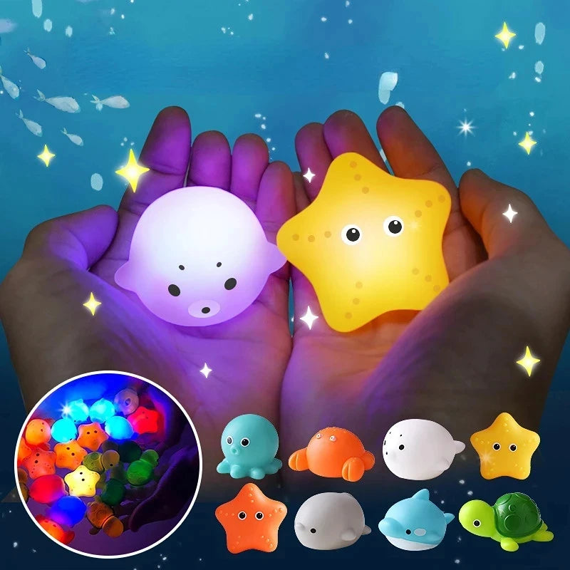 Baby Cute Animals Bath Toy Swimming Water LED Light Up Toys Soft Rubber Float Induction Luminous Frogs for Kids Play Funny Gifts