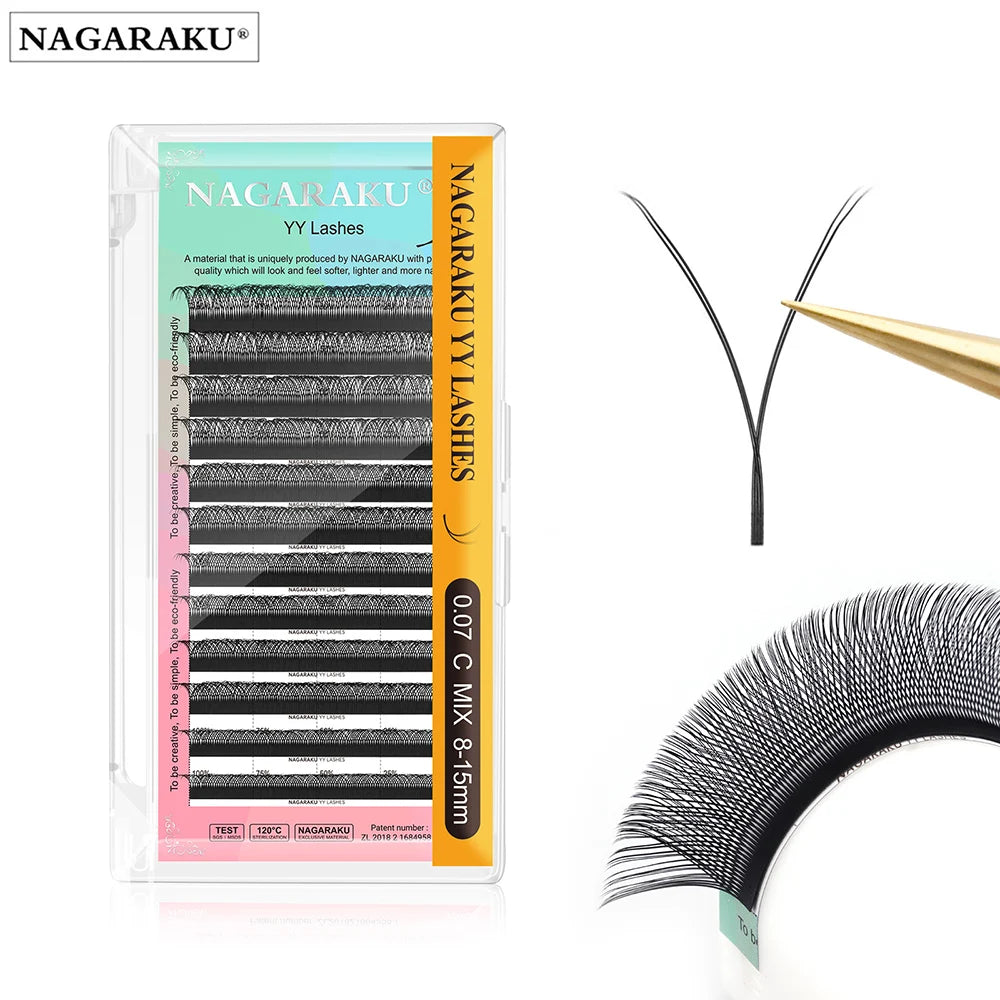 NAGARAKU YY Shape Double and Triple Tips Eyelash Extensions Hand Woven Premium Soft Natural Interlaced Makeup Mesh Net