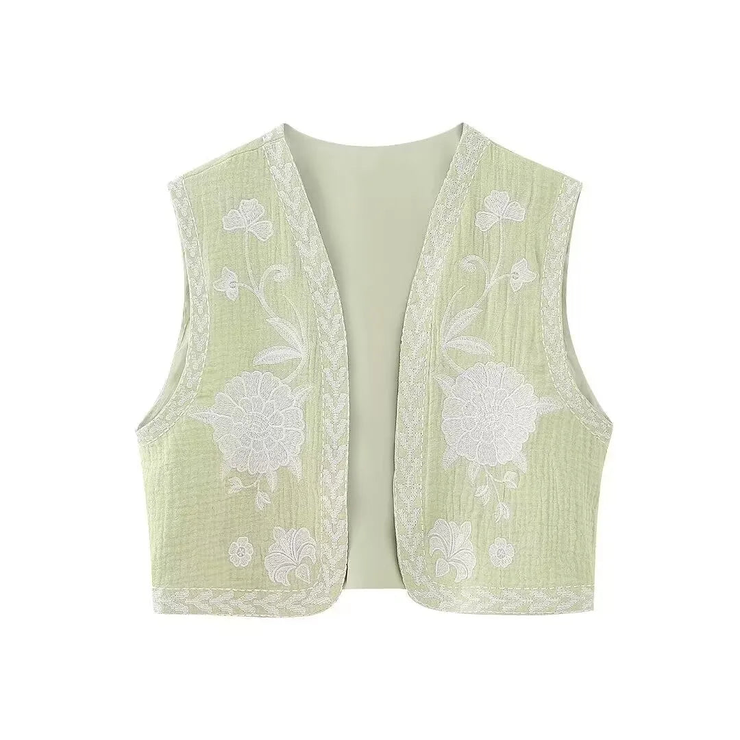 KEYANKETIAN Women Vintage Floral Embroidered Open WaistCoat Ladies National Style Vest Jacket Outfits Casual Vacation Crop Top