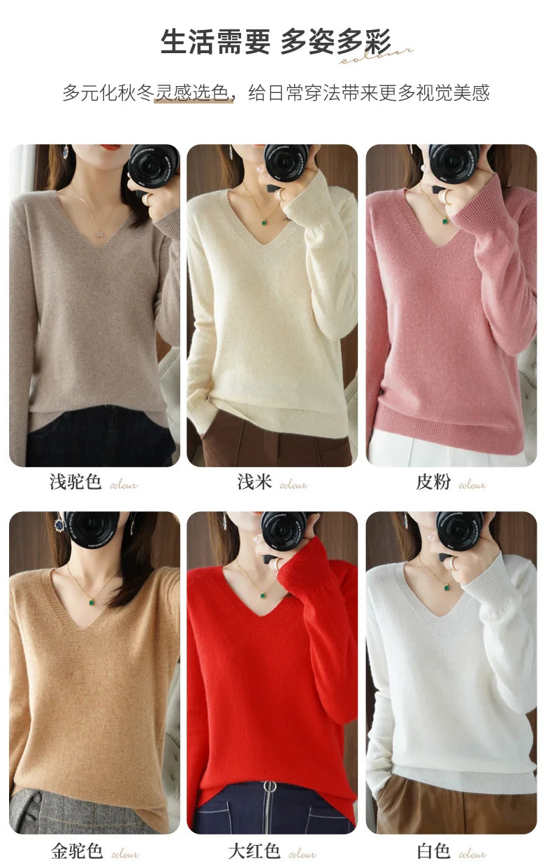 New Cashmere Women's V-neck Pullover Lace Neck Hollow Out Design Casual Knitted Long Sleeve Women's Sweater Autumn And Winter