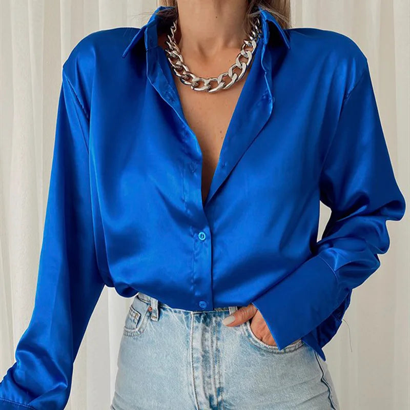 Elegant Satin Long Sleeve Women Shirt Vintage Silk Casual Loose Button Up Blouses Office Lady Tops