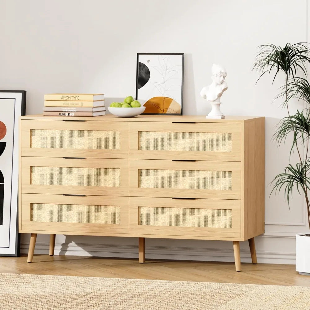 Wooden Dresser for Bedroom, Natural Rattan Dresser with Drawers 6 Drawer Chest of Drawers, Double Dressers Chest for Living Room