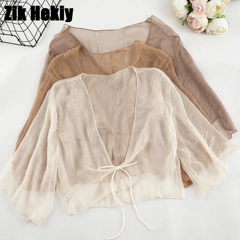 Zik Hekiy Women Chiffon Shawl Short Section Small Shawl Sunscreen Clothing Female Summer Cardigan Small Jacket Thin Section Top