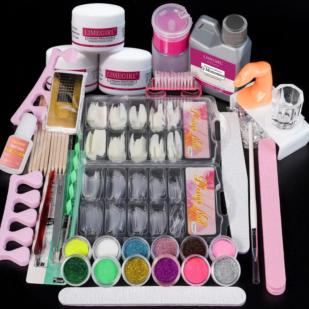 Nail Acrylic Powder and Liquid Monomer Nails Art Decoration For Manicure Set Kit Crystal Nail Glitter 3D Nail Tips Carving Tools