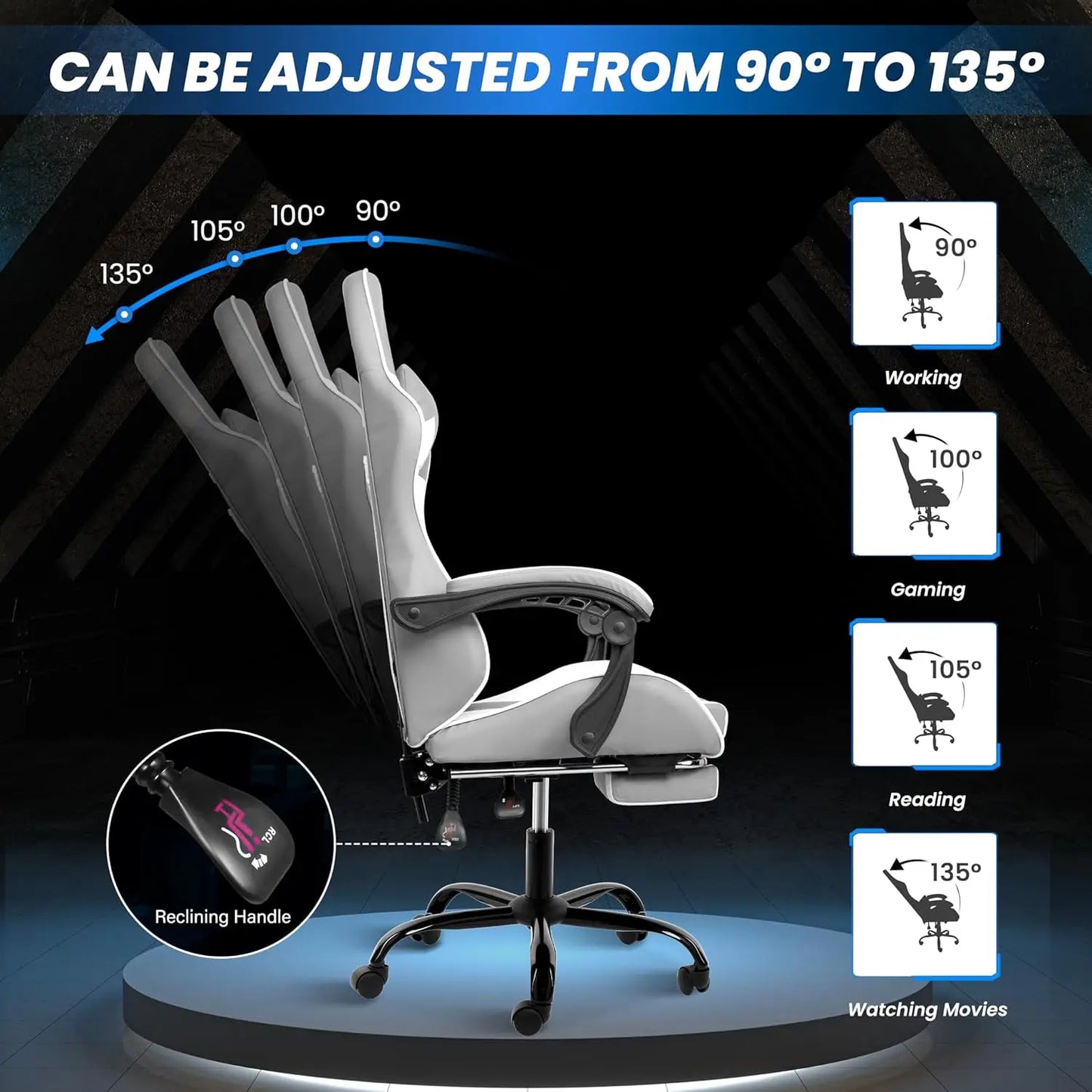 Gaming Chair, Backrest and Seat Height Adjustable Swivel Recliner Racing Office Computer Ergonomic Video Game Chair