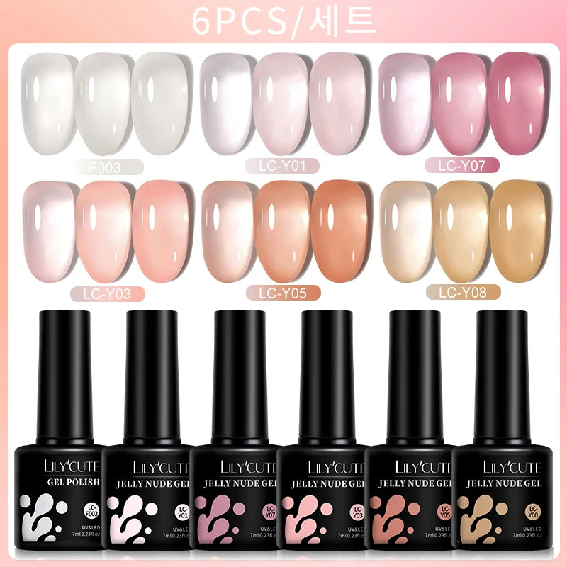 LILYCUTE 6PCS/SET 7ml Jelly Pink Nude Translucent Gel Nail Polish Set Semi Permanent Soak Off Nail Art Manicure Gel Set