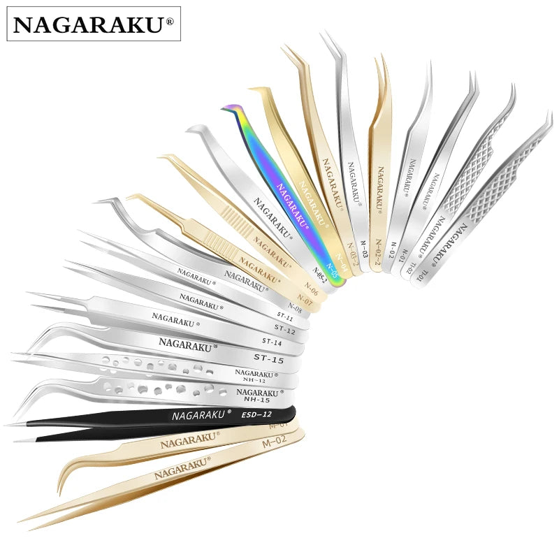 NAGARAKU Stainless Steel Straight Curved Nail Tools Volume Eyelash Accurate Tweezers Nippers Pointed Clip Set Makeup Tools