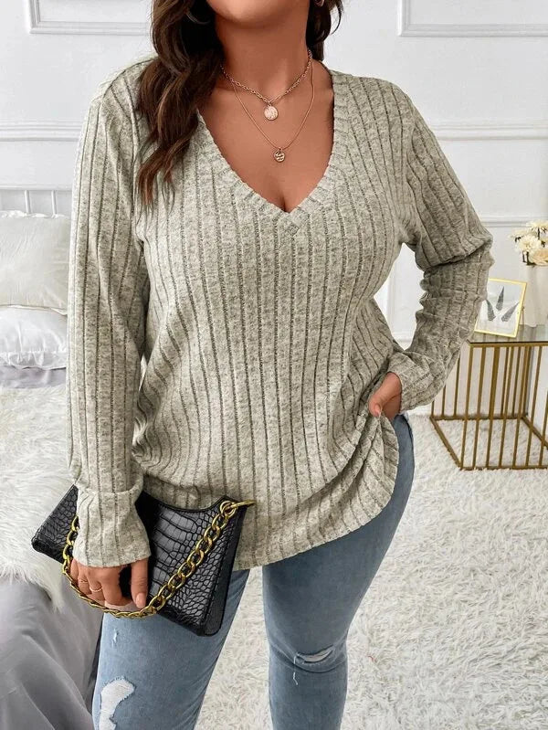 GIBSIE Plus Size Women's Casual V-Neck Long Sleeve Tees Shirt 2024 Spring Autumn Fashion Loose Ribbed Knit Tops for Women