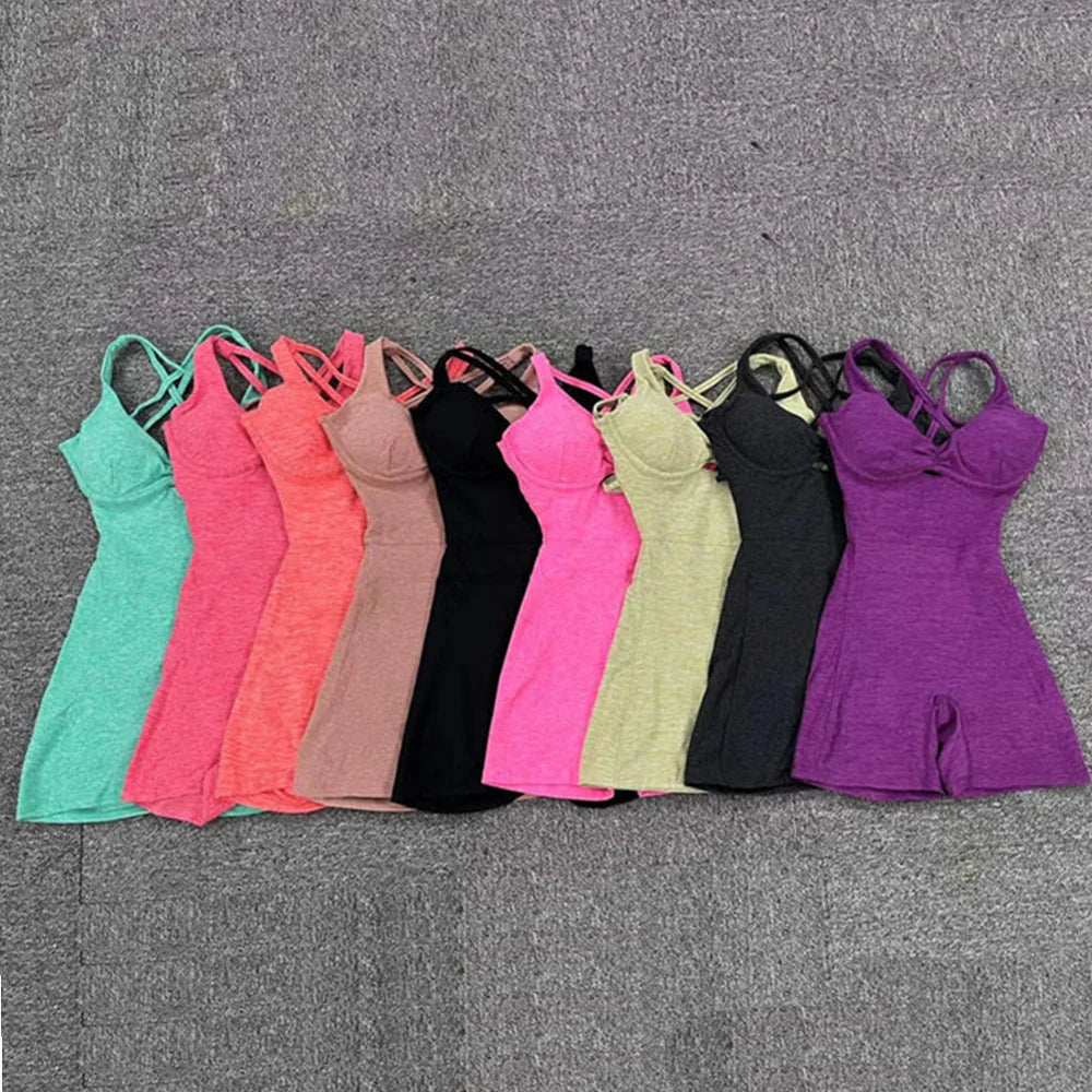 New Nylon Pad Women Yoga Set Rompers One Piece Jumpsuit Gym Exercise Sports Bra Romper Fitness Shorts Sportwear Active Suit