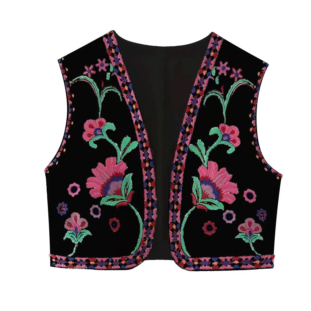 KEYANKETIAN Women Vintage Floral Embroidered Open WaistCoat Ladies National Style Vest Jacket Outfits Casual Vacation Crop Top