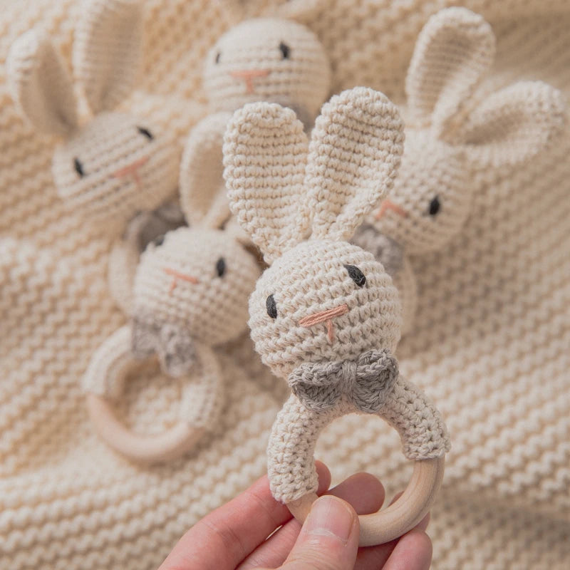 Baby Crochet Rattle Wooden Teether Toy BPA Free Wood Rodent Rabbit Rattle Baby Mobile Play Gym Newborn Educational Music Toys