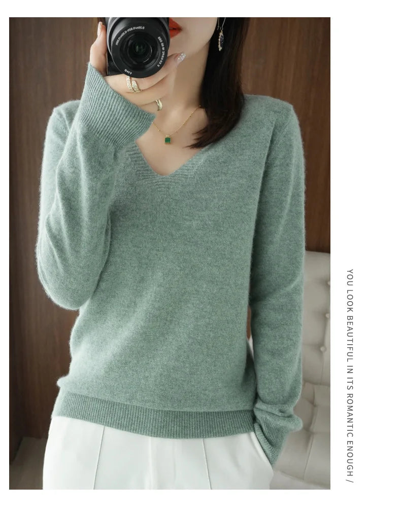 New Cashmere Women's V-neck Pullover Lace Neck Hollow Out Design Casual Knitted Long Sleeve Women's Sweater Autumn And Winter