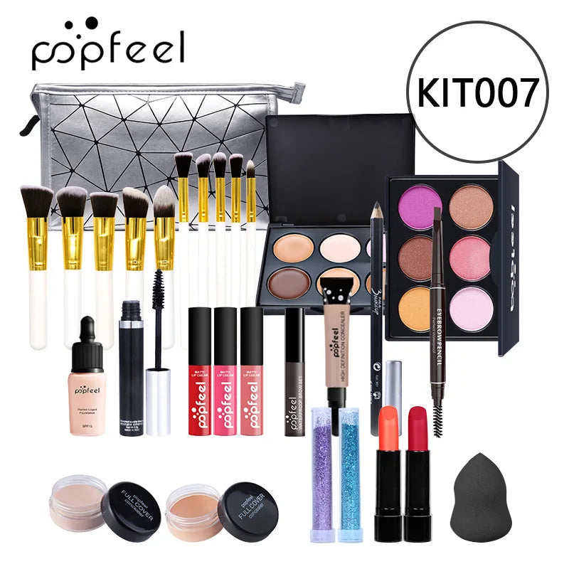 POPFEEL Makeup Full Kit Female Make Up Set Eye Shadow Eyeshadow Palette Lip Gloss Mascara Eyeliner Brushes Bag Make-up for Women