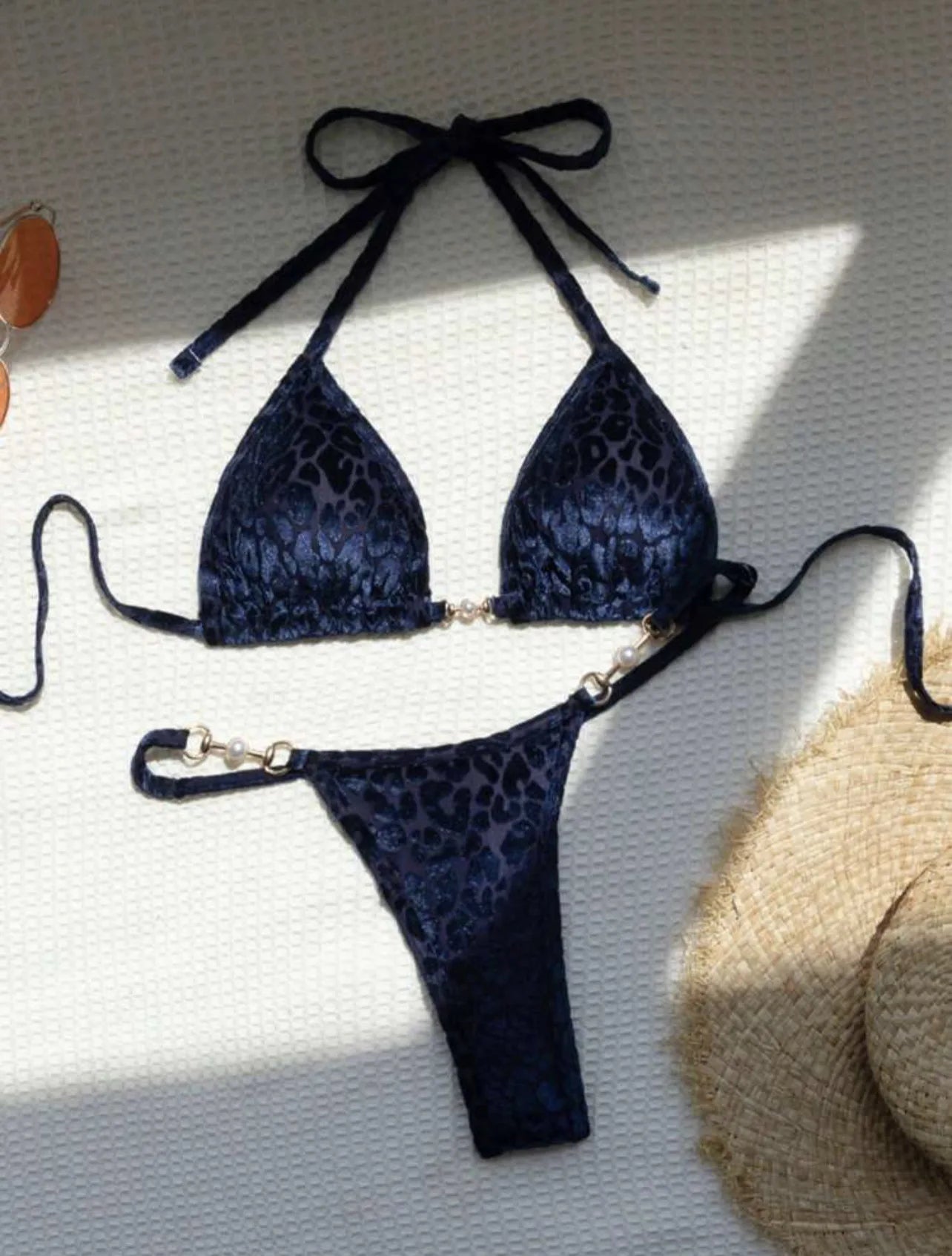 2024 Brazilian Summer Women Leopard Pearl Bathing Suit Beachwear Thong Two Pieces Set Special Fabric Halter Neck Swimwear Bikini