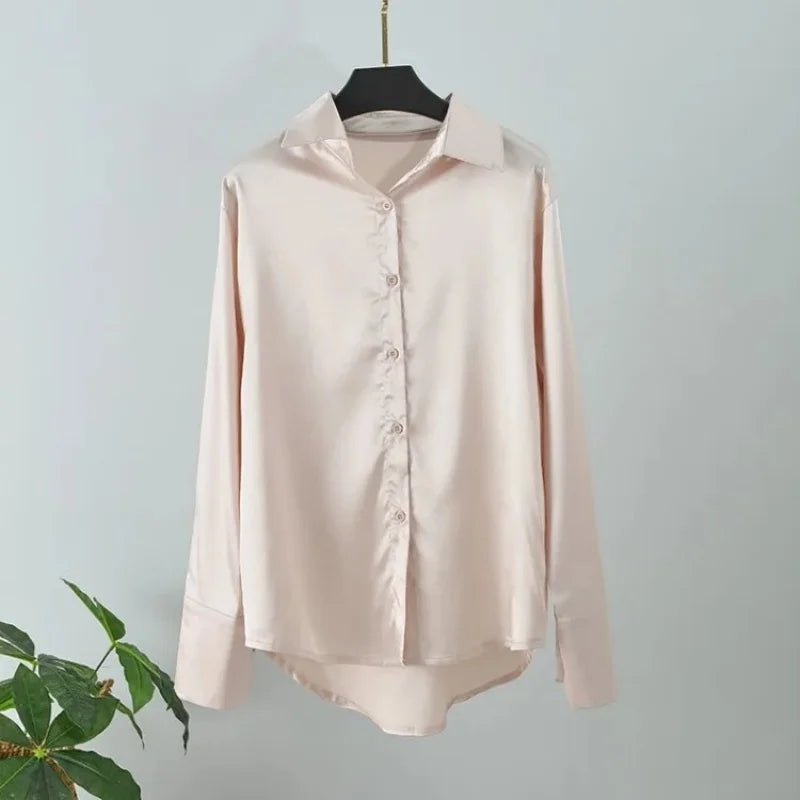 Elegant Satin Long Sleeve Women Shirt Vintage Silk Casual Loose Button Up Blouses Office Lady Tops