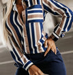 Plus Size Casual Blouse, Women's Plus Stripe Print Long Sleeve Button Up Lapel Collar Shirt Top