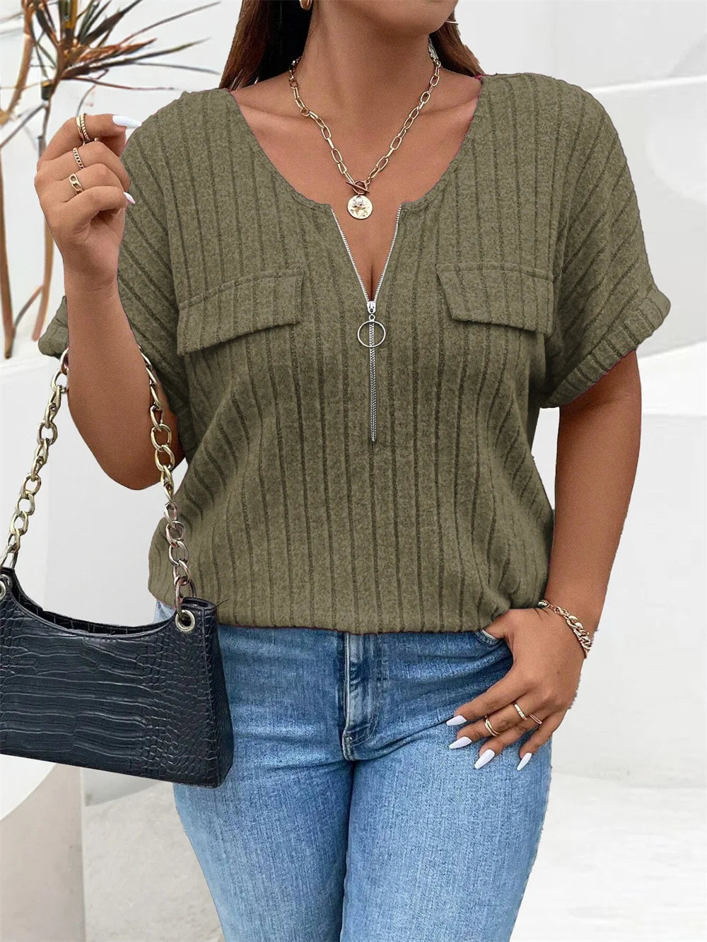 GIBSIE Plus Size Solid O-Ring Zip Front T Shirt for Women Summer 2024 O-Neck Short Sleeve Rib Knit Casual Tees Tops Female