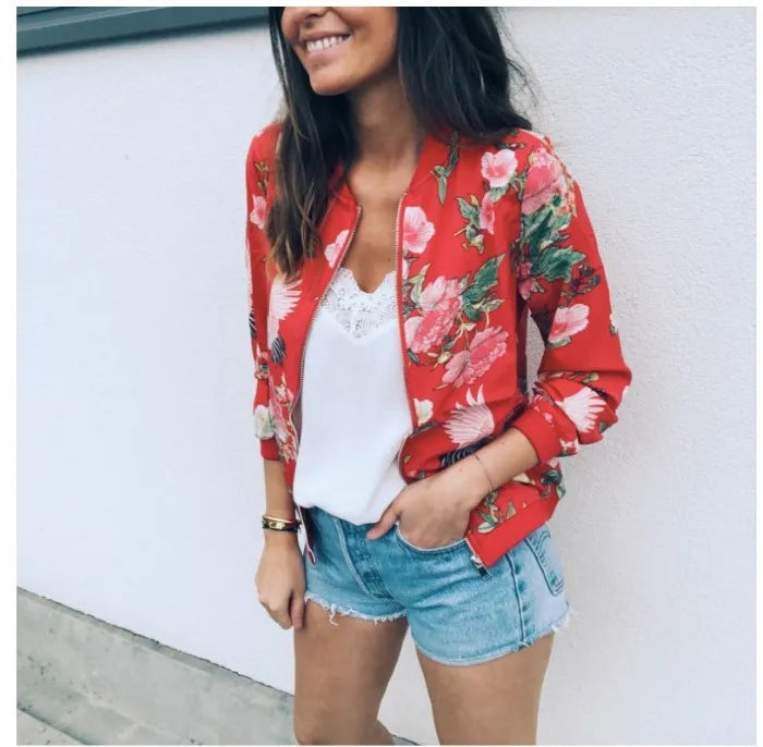 Women Elegant Zipper Bomber Jacket Spring Autumn Floral Printed Jackets Office Wear Slim Office Coat Retro Outwear