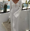 Sexy Women White Long Knit Sleeve Bikin Fashion Cover up Female See-Through Deep V-Neck Hollow-Out Beach Knitwear Backless Dress