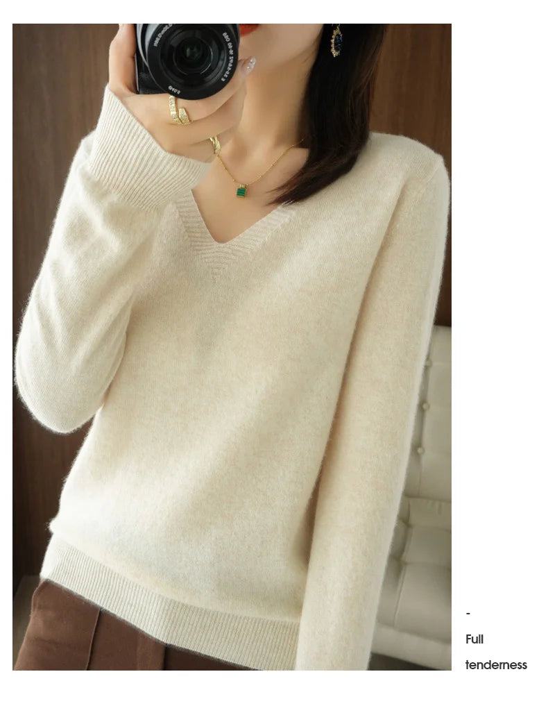 New Cashmere Women's V-neck Pullover Lace Neck Hollow Out Design Casual Knitted Long Sleeve Women's Sweater Autumn And Winter