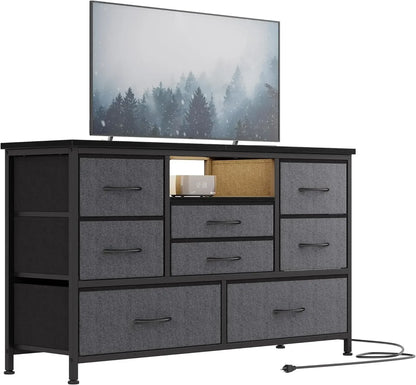 8 Dresser TV Stand with Power Outlet & LED for 55'' TV, Long Dresser for Bedroom with 8 Deep Drawers, Wide Console Table