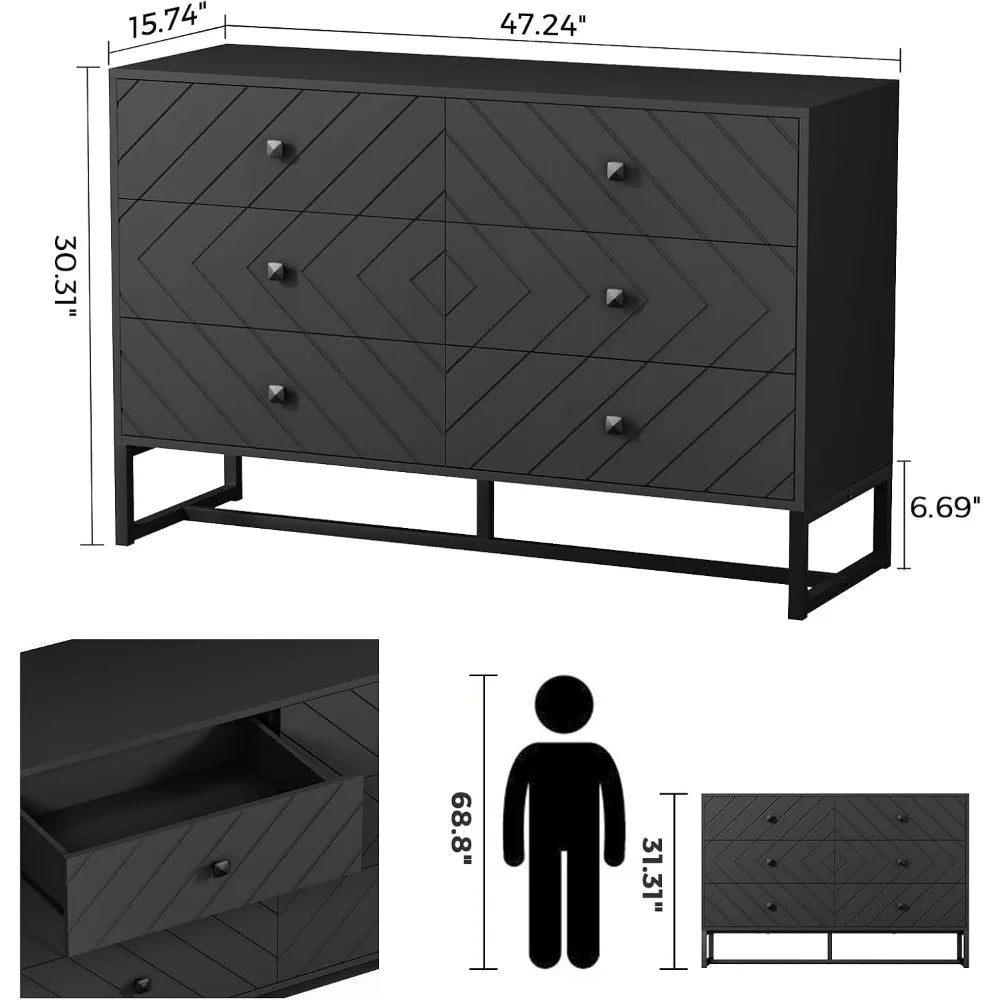 Wooden Dresser for Bedroom, Natural Rattan Dresser with Drawers 6 Drawer Chest of Drawers, Double Dressers Chest for Living Room