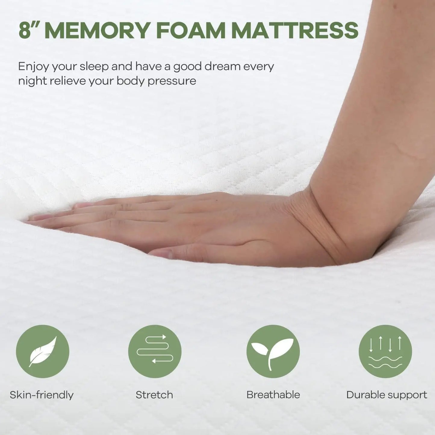 8 Inch Queen Gel Memory Foam Mattress Pressure Relieving, Cooling Gel Foam, Material & Construction，Bed-in-a-Box, White