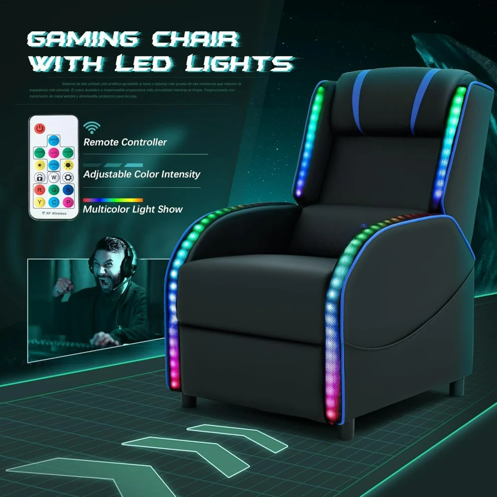 LED Gaming Massage Recliner Chair, Racing Style Single Living Room Sofa Comfortable Ergonomic Home Theater Seating, Chairs