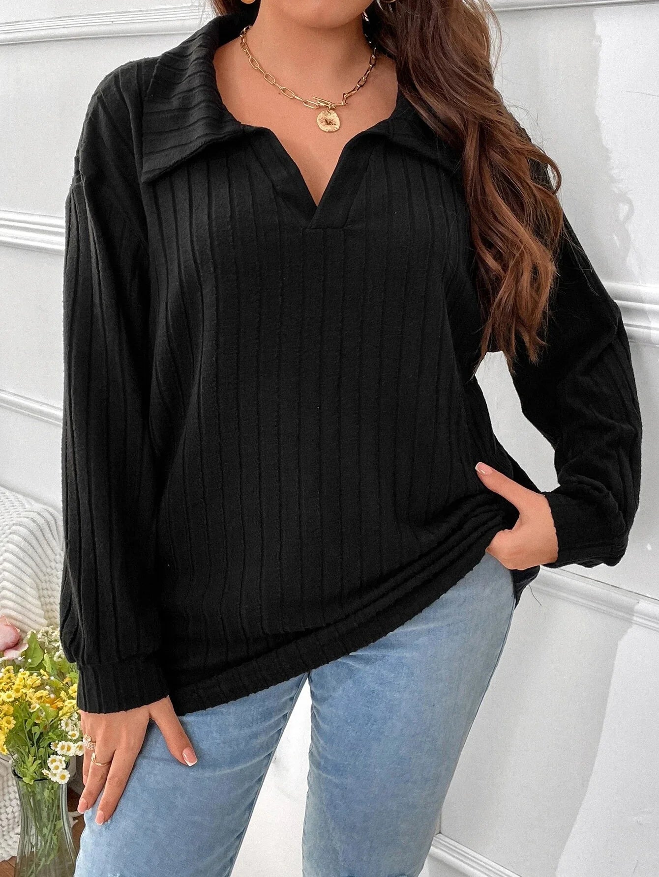 GIBSIE Plus Size Tshirt for Women Spring Fall Polo Collar Long Sleeve T-Shirt Female Casual Ribbed Knit Solid Tee Tops 2023