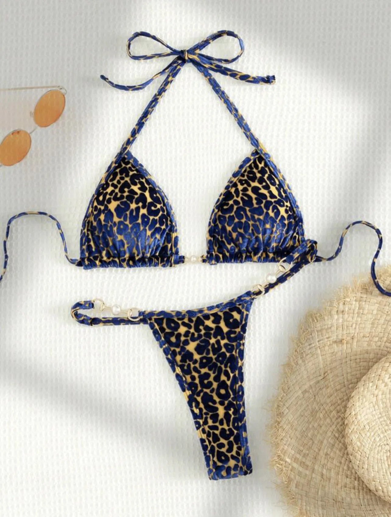 2024 Brazilian Summer Women Leopard Pearl Bathing Suit Beachwear Thong Two Pieces Set Special Fabric Halter Neck Swimwear Bikini