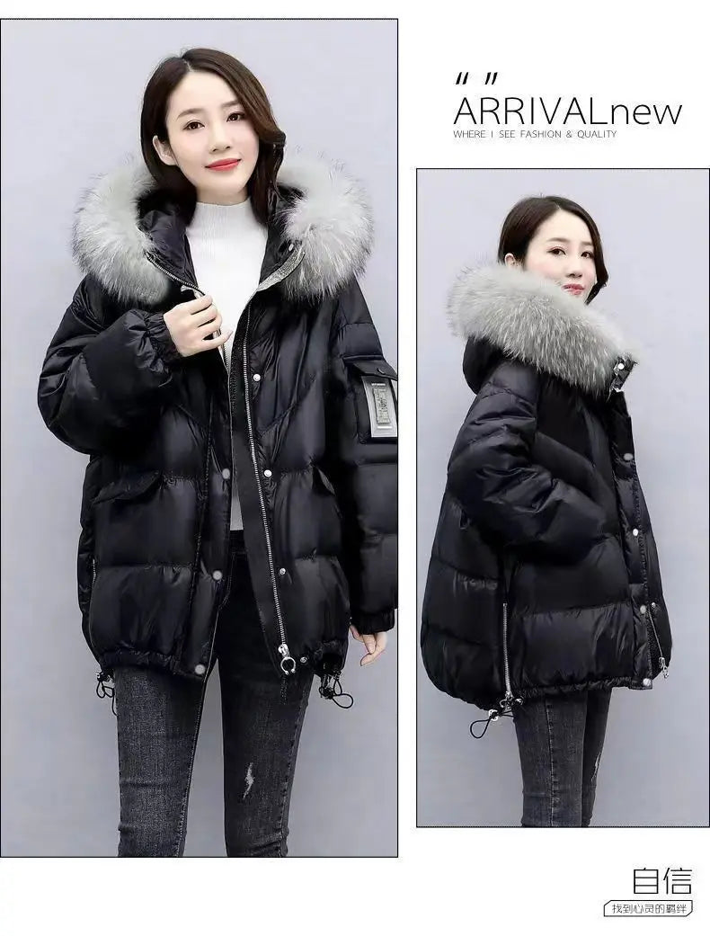 2024 Winter New Warm Down Cotton Jacket With Large Fur collar Hooded Coat Loose Women Thicken Parker Puffer Overcoat Casual wear