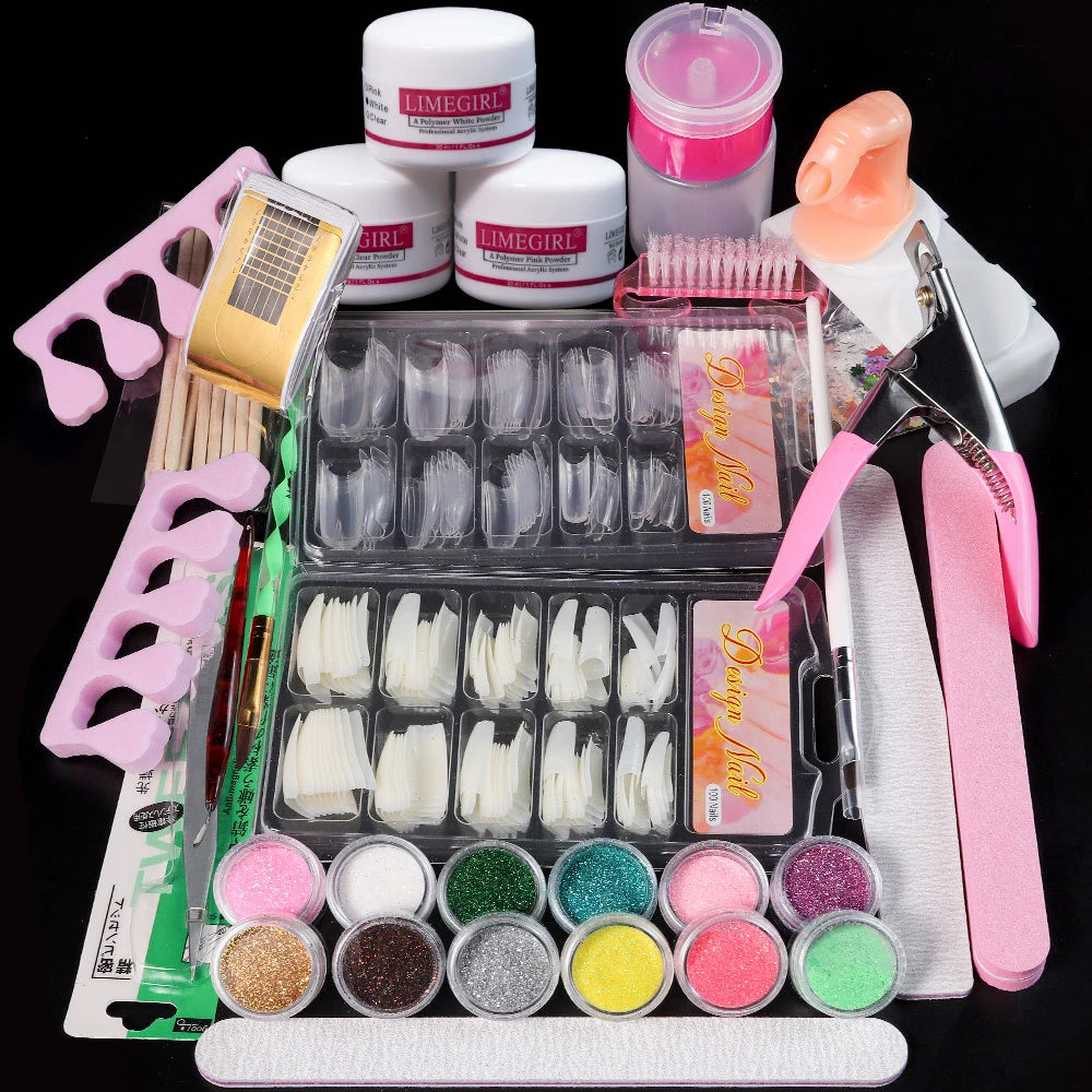 Nail Acrylic Powder and Liquid Monomer Nails Art Decoration For Manicure Set Kit Crystal Nail Glitter 3D Nail Tips Carving Tools