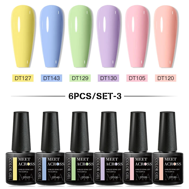 MEET ACROSS 6PCS/SET Macaron Series Gel Nail Polish Set Glitter Semi Permanent UV Nail Kit Base Matte Top Coat Nail Art Manicure