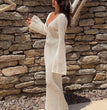 Sexy Women White Long Knit Sleeve Bikin Fashion Cover up Female See-Through Deep V-Neck Hollow-Out Beach Knitwear Backless Dress