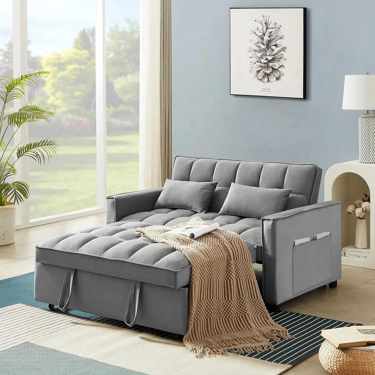 in 1 Convertible Sleeper Sofa Bed, Modern Velvet Loveseat Futon Couch w/Pullout Bed, Small Love Seat Lounge Sofa w/Reclining B