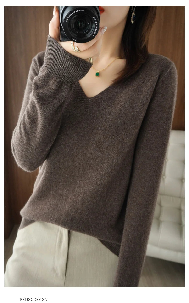 New Cashmere Women's V-neck Pullover Lace Neck Hollow Out Design Casual Knitted Long Sleeve Women's Sweater Autumn And Winter