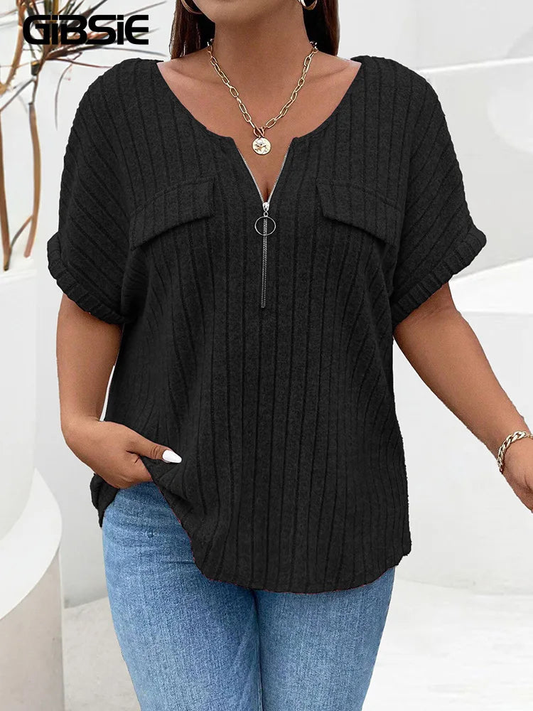 GIBSIE Plus Size Solid O-Ring Zip Front T Shirt for Women Summer 2024 O-Neck Short Sleeve Rib Knit Casual Tees Tops Female