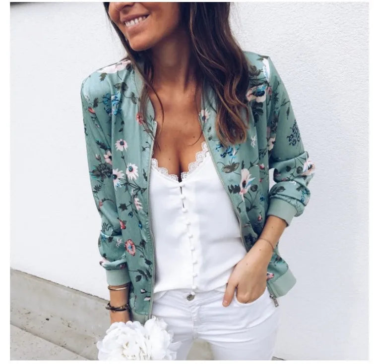 Women Elegant Zipper Bomber Jacket Spring Autumn Floral Printed Jackets Office Wear Slim Office Coat Retro Outwear